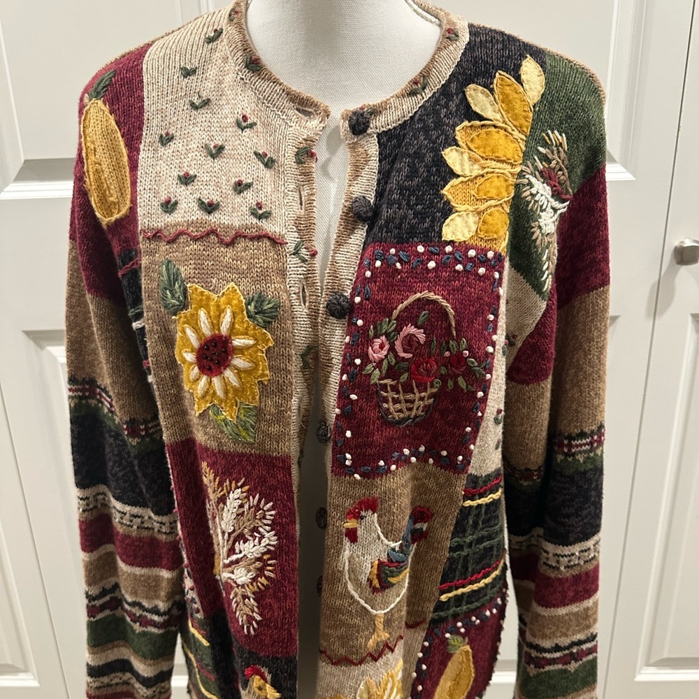Tiara International Autumn Floral Chicken Embroidered Cardigan Sweater medium